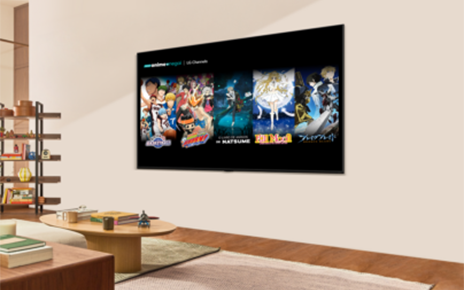 A wall-mounted LG Smart TV in a cozy living room displays a selection of anime content from Anime Onegai on LG Channels