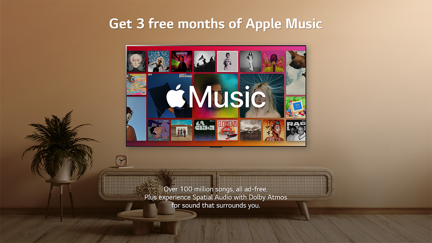 An LG Smart TV displays the Apple Music logo, and overlaying text highlights a promotion offering 3 free months of Apple Music supported by Spatial Audio with Dolby Atmos