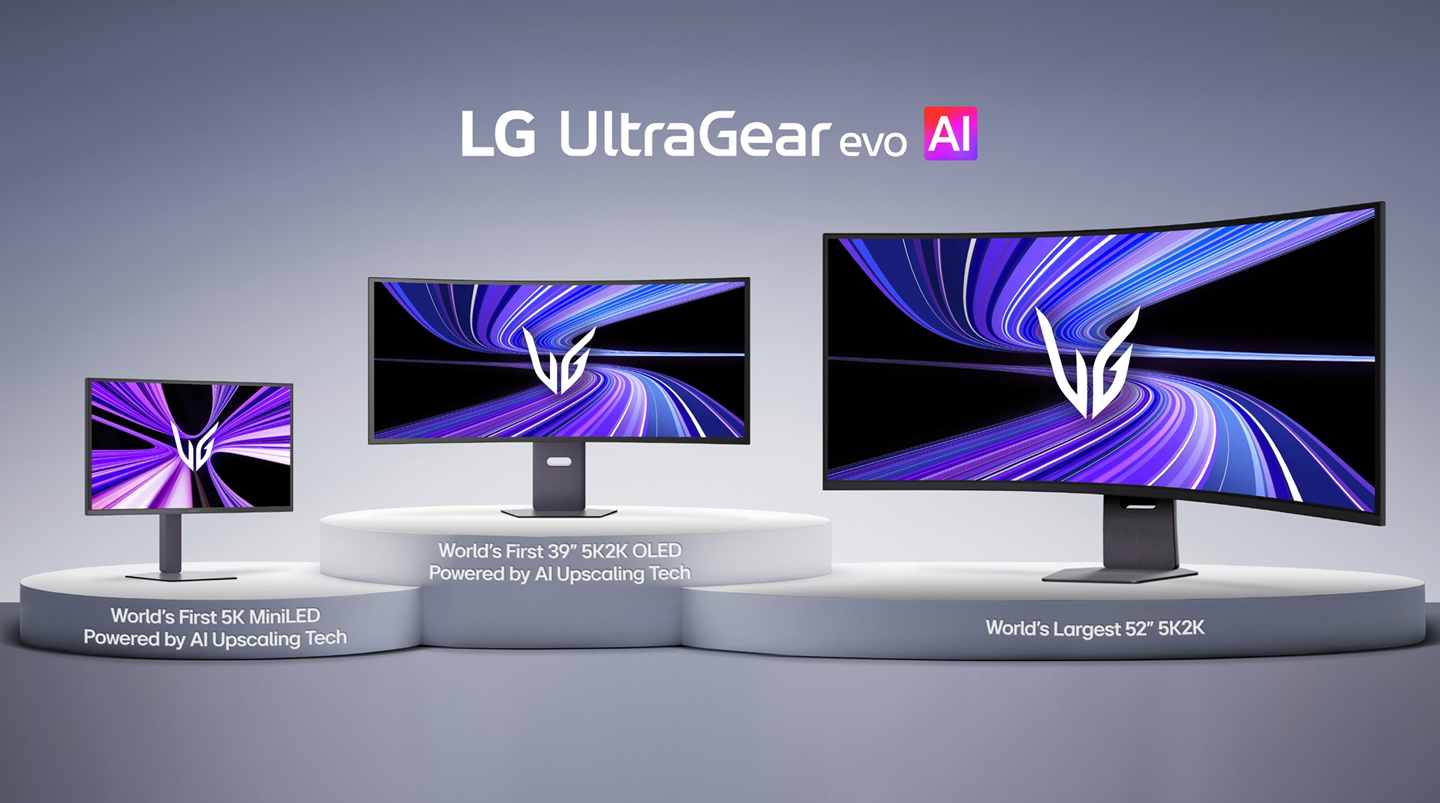 Three UltraGear evo gaming monitors are placed on white podiums, with infographics about their features written beneath them.