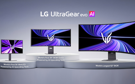 Three UltraGear evo gaming monitors are placed on white podiums, with infographics about their features written beneath them.