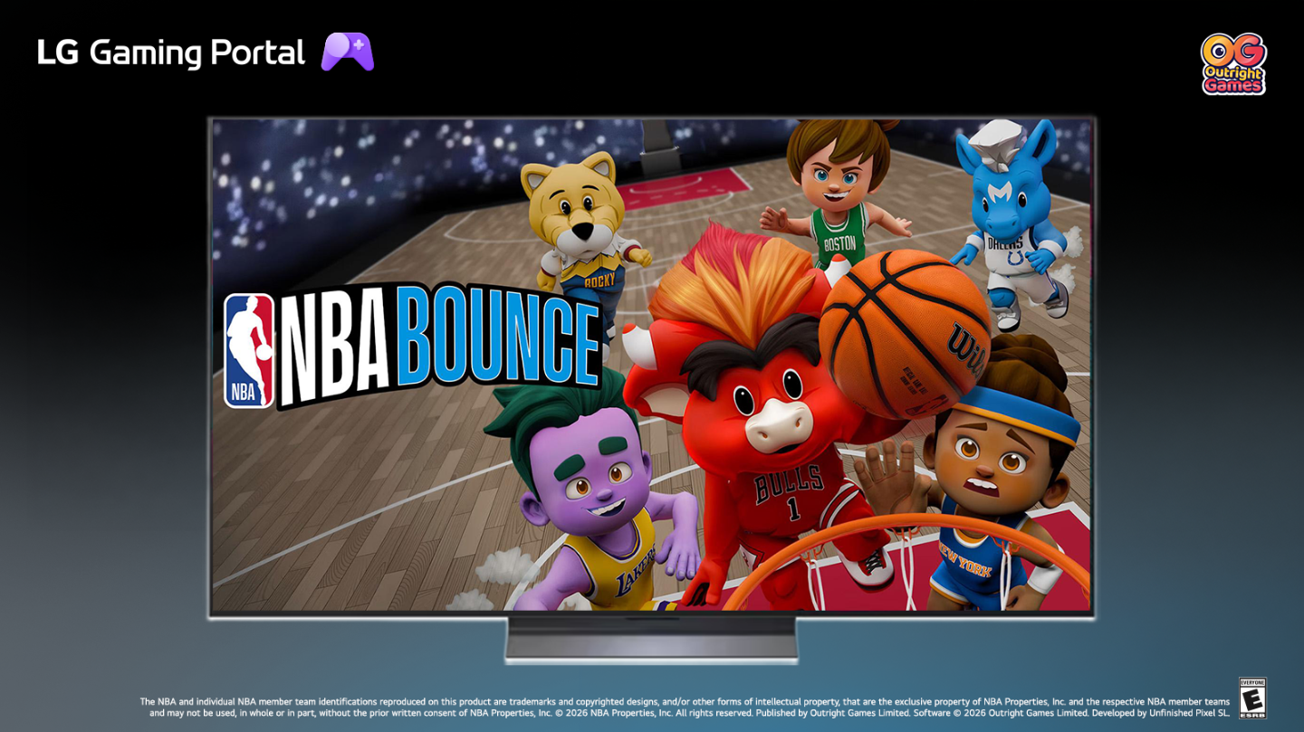 An LG Smart TV displays the title screen of NBA Bounce on LG Gaming Portal, featuring cartoon-style NBA mascots and player characters.