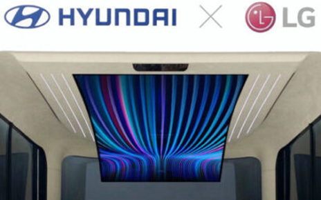 A view of the IONIQ Concept Cabin’s two back seats with the flexible OLED display covering the ceiling