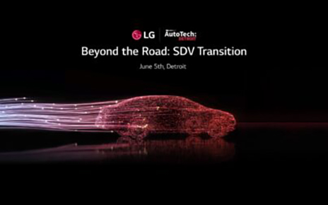 Car image featuring design elements with official logos of LG and AutoTech Detroit on top