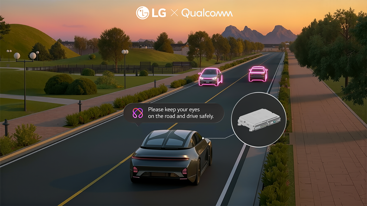 Infographics highlight the driving assistance features of LG’s AI Cabin Platform, showing a car driving safely on the road.