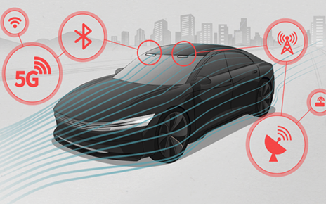 An illustration of a car with transparent antennas and six different icons