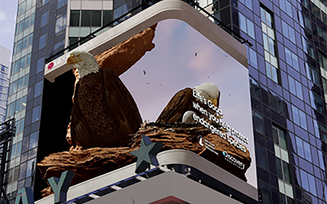 A picture of the Times Square billboard with the 3D eagle on it