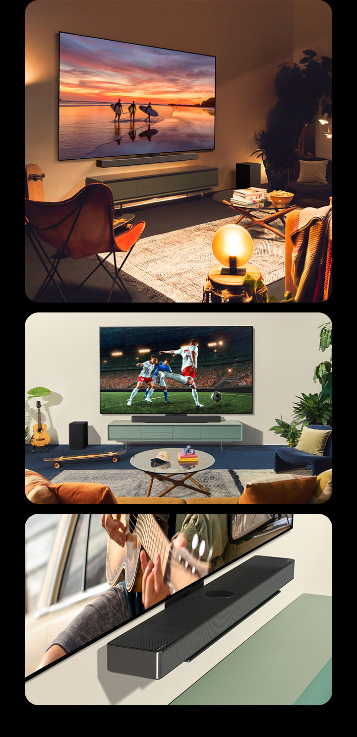 Three images are shown in sequence. Firstly, a side profile view of LG OLED evo C4 showing landscape photography in a casual and bohemian-style living room with warm lights. And then, two women enjoying and cheering on the soccer game playing on LG OLED evo C4 in a bright and casual living room. The LG Soundbar SC9 attaches neatly to the TV. Lastly, an angled crop view of LG OLED evo C4 attached to LG Soundbar SC9 with the Synergy Bracket. 