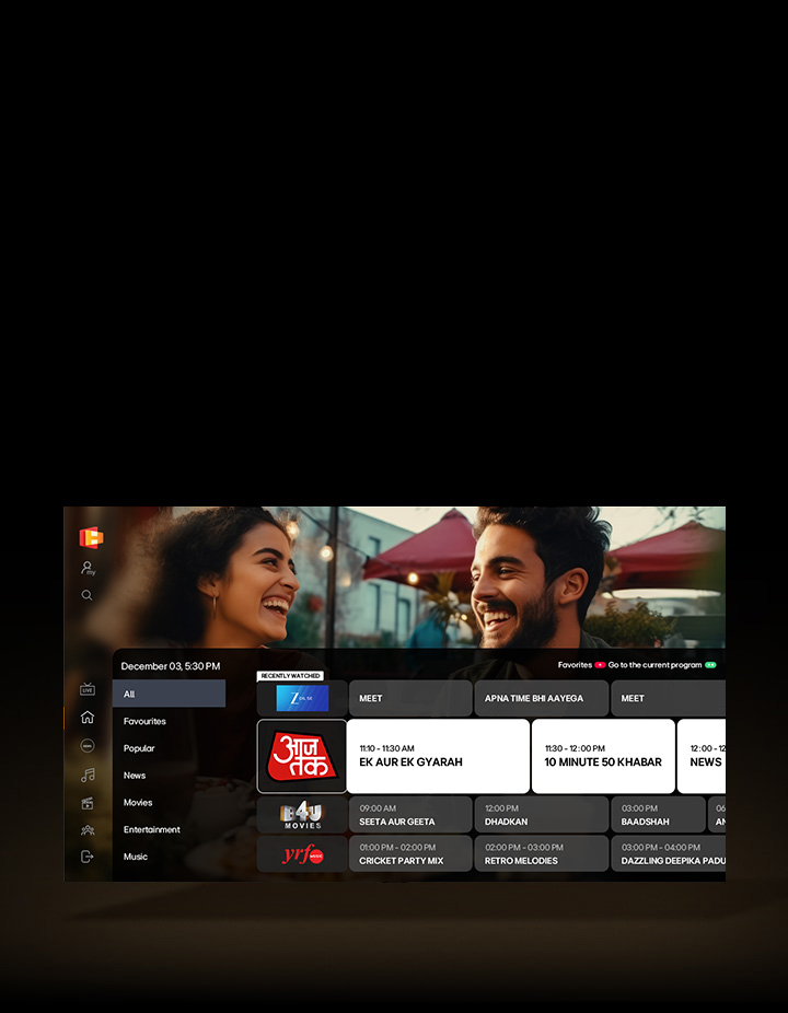 An LG TV has an overlay of the TV schedule displayed over the currently playing TV show. 