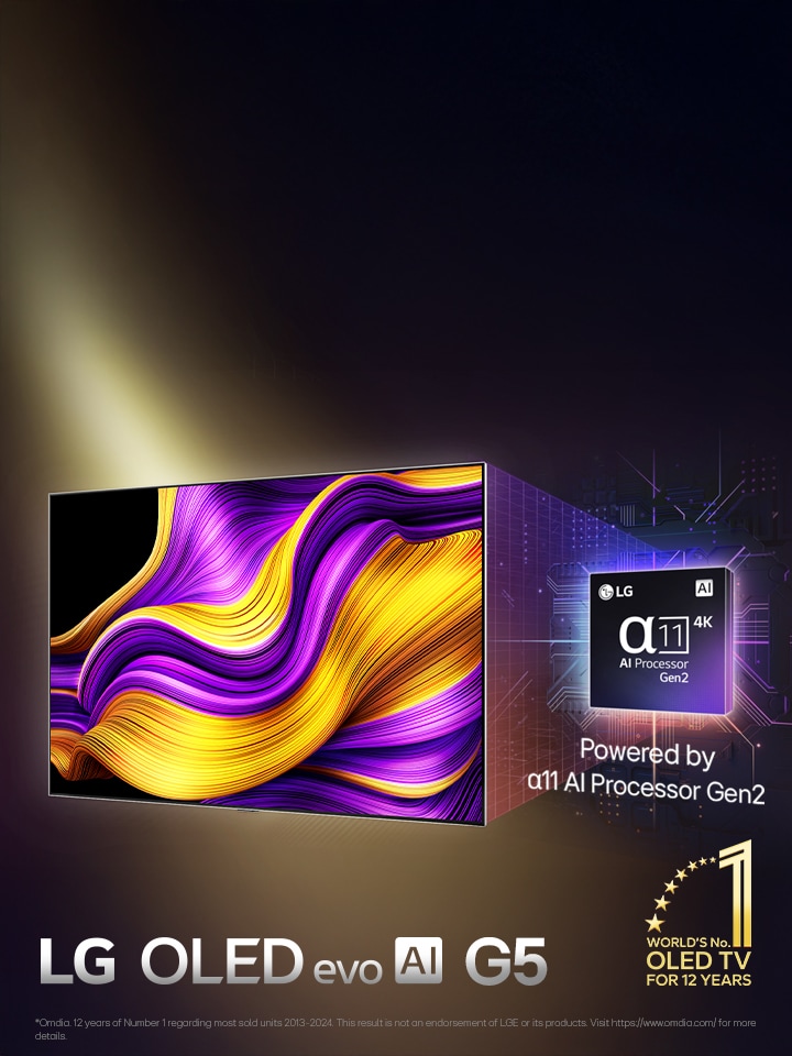An image of LG OLED evo G3 on the wall of a modern and quirky New York City apartment with a romantic night scene playing on the screen.  11 Year World's No.1 OLED TV emblem. 