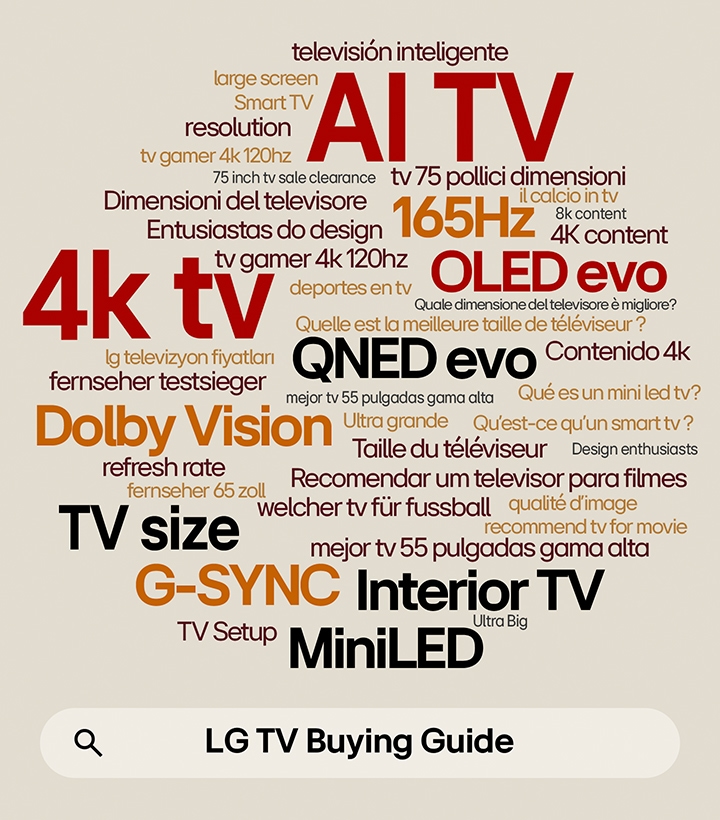 AI TV, 4K TV, OLED evo, QNED evo and more words rotate in a variation of colors. 