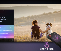 LG AI Magic Remote in front of an LG TV screen. On the screen is a personalized greeting from the LG AI with custom keywords based on the user's search and watch history. By the remote is an icon and label showing that the AI Concierge functionality is easily accessible with one short press on the AI button.