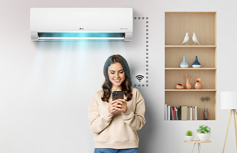 LG ThinQ app for split air conditioner showing smart control, remote operation and real-time monitoring via smartphone