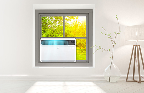 A window with a white LG air conditioner featuring 4-in-1 convertible cooling modes for flexible and efficient cooling
