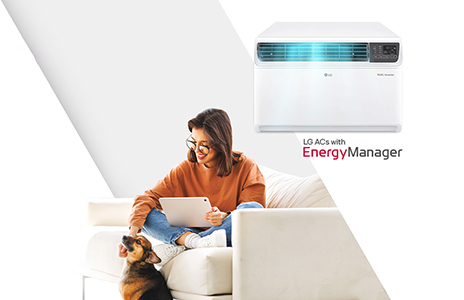 A lady with her dog on a sofa enjoying LG AC with Energy Manager, featuring super silent operation for low-noise cooling.
