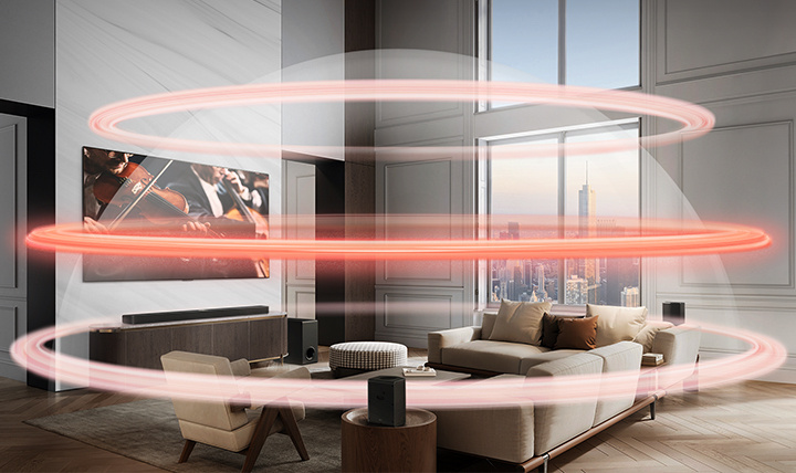 LG TV and LG Soundbar are in a grand city apartment. Three red bands appear one at a time depicting virtual layers, and come together to create a whole sound dome.	