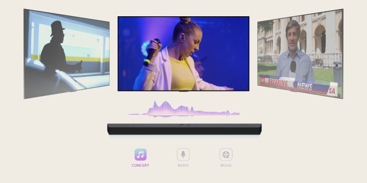 LG Soundbar is showing three different TV screens. The one directly above first plays a music concert with a woman singing. The TV screen showing a news broadcast moves to the middle and starts playing. Then, the TV screen showing an action scene with a woman running up the stairs moves to the middle and starts playing. In between the TV and soundbar, there is a soundwave changes color whenever the tv screen switches to one another, correlating to the genre. 	
