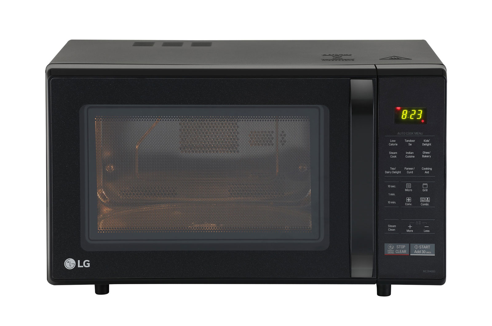 Front view of LG 28 L All-In-One Convection Microwave Oven with 251 Auto Cook Menu, Quartz Heater, Health Plus Menu, Black MC2846BG