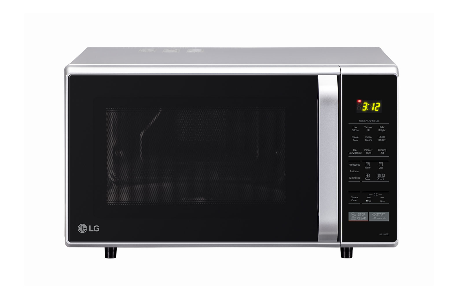 Front view of LG 28 L Convection Microwave Oven with 251 Auto Cook Menu, Diet Fry, Quartz Heater, Stainless Steel Cavity, Silver MC2846SL