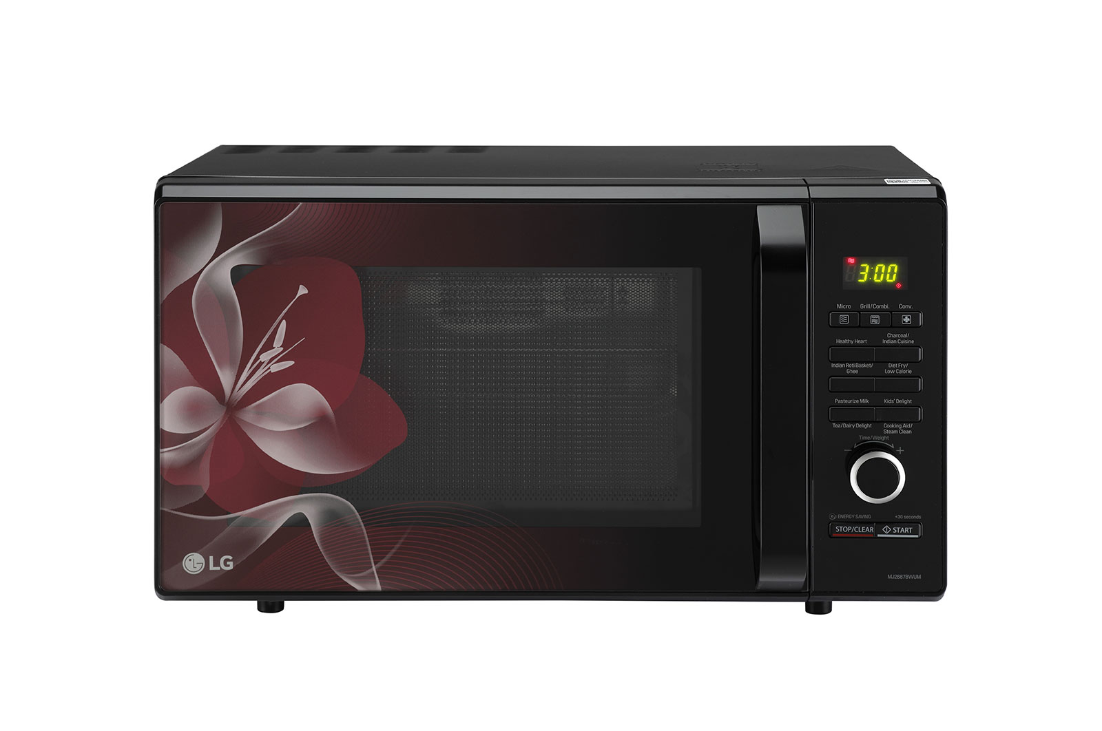 Front view of LG 28 L Charcoal Convection Microwave Oven with Charcoal Lighting Heater, Diet Fry, Motorised Rotisserie, Floral Black MJ2887BWUM