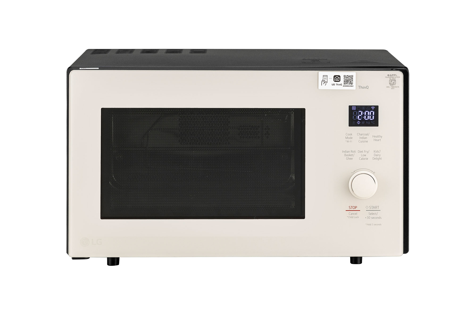 Front view of LG 28 L Scan-To-Cook Charcoal Microwave Oven with Healthy Heart™, Charcoal Lighting Heater, Motorised Rotisserie, Beige MJEN286UBW