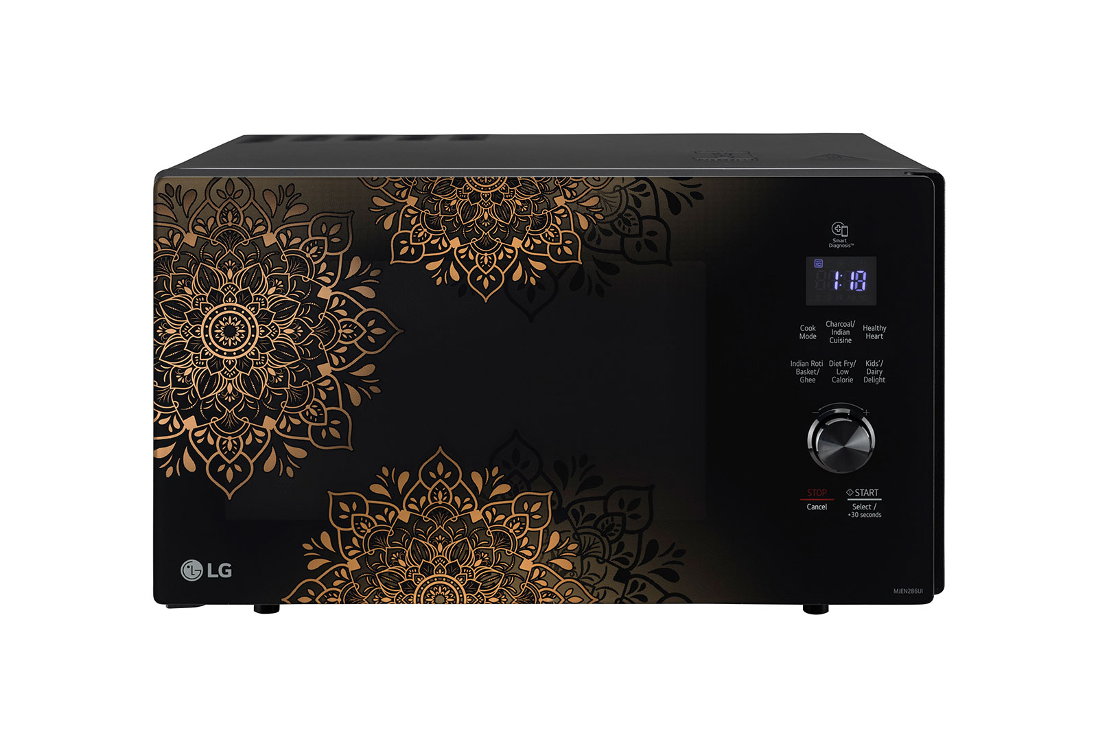 Front view of LG 28 L All-In-One Charcoal Convection Microwave Oven with Diet Fry™, Motorised Rotisserie, Auto Cook Menu. Black MJEN286UI
