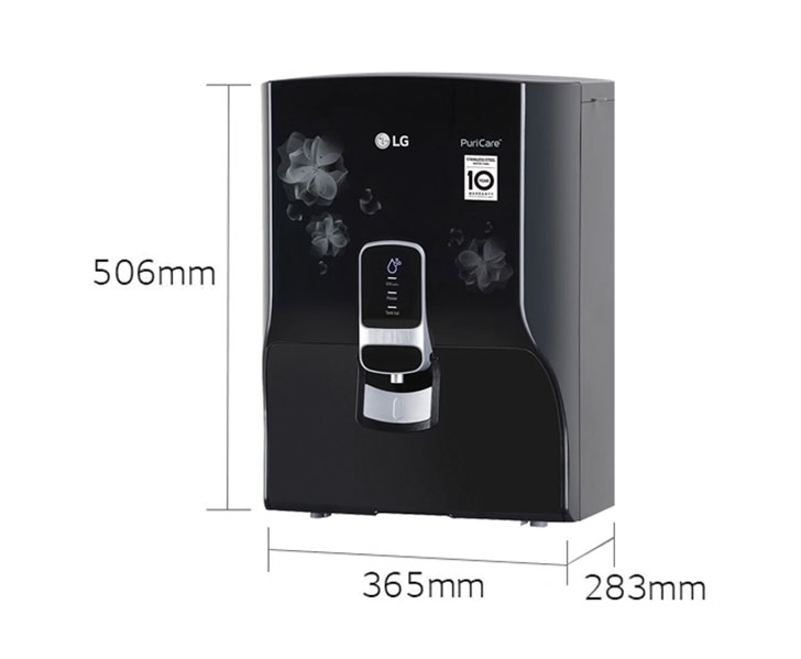 The dimensions on the LG RO UV water purifier is 365mm width,  506mm, height & 283mm depth.