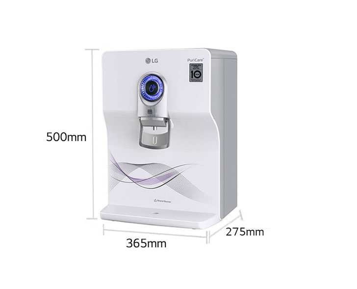 
	
	
		The dimensions on the LG RO UV water purifier is 365mm width,  500mm, height & 275mm depth.
	
