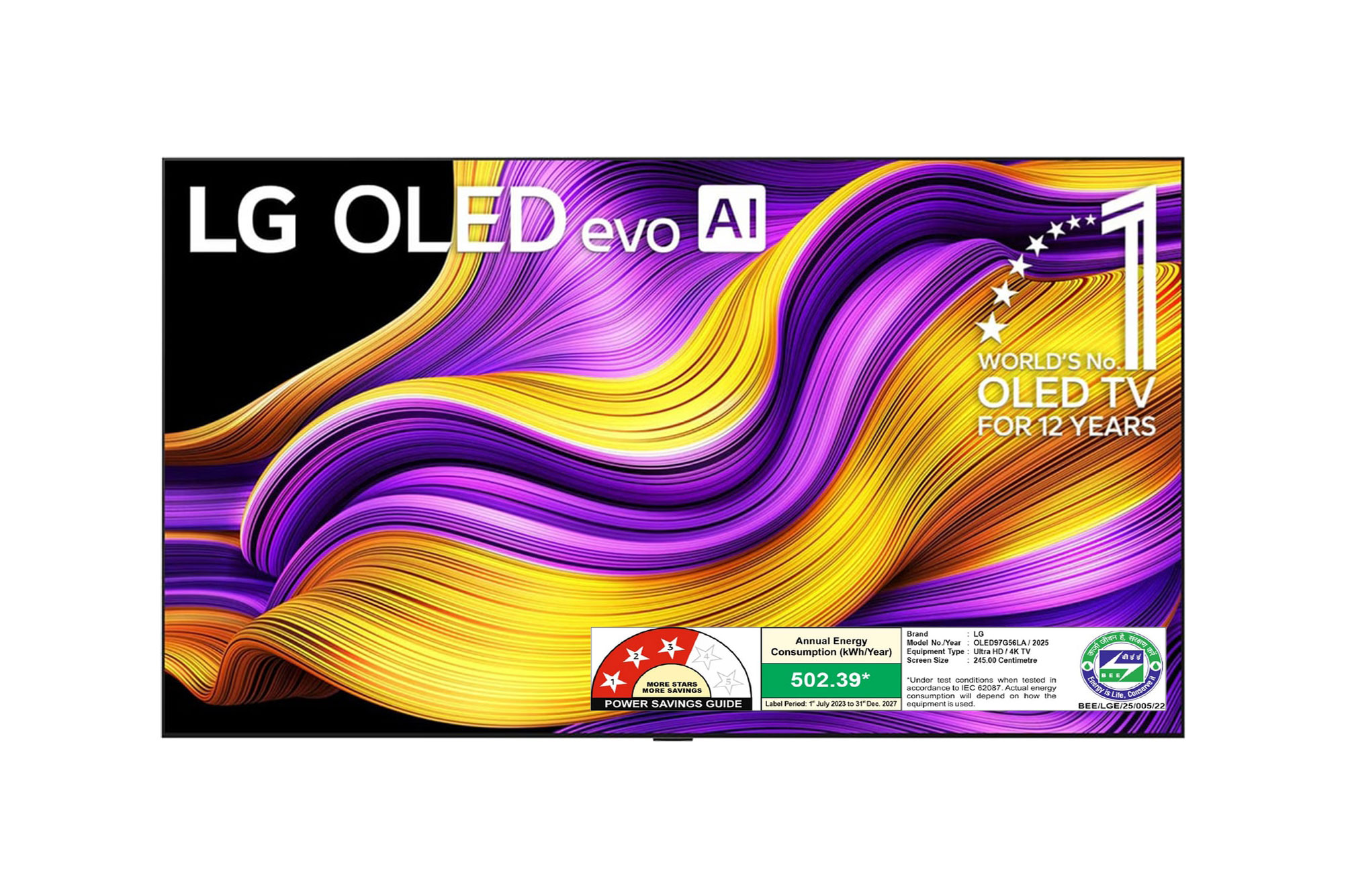 Front view of  LG OLED evo AI 245cm (97) TV (G5), a11 Gen2 AI Processor 4K, VRR 165Hz Refresh Rate, Dolby Vision & Atmos OLED97G56LA