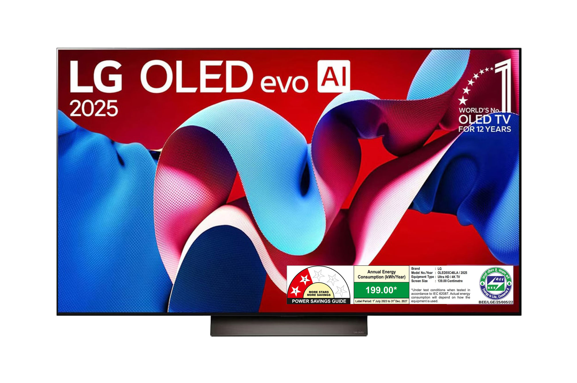 Front view of LG OLED AI 139cm (55) TV (C4), a9 Gen7 AI Processor 4K, 40W Audio Output, 120Hz Native Refresh Rate OLED55C46LA