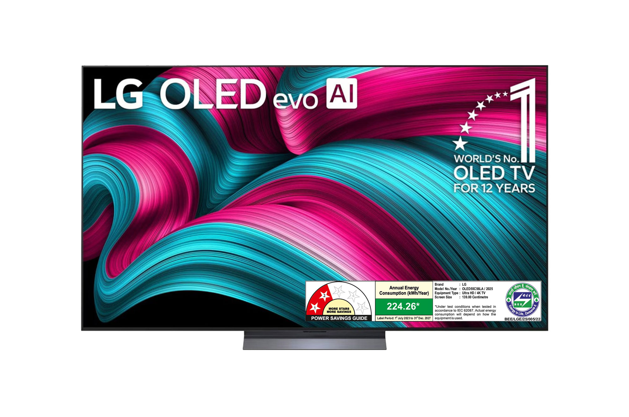Front view of LG OLED evo 139cm (55) TV (C5), α9 AI Processor 4K Gen8, VRR 144Hz Refresh Rate, Dolby Vision & Atmos OLED55C56LA
