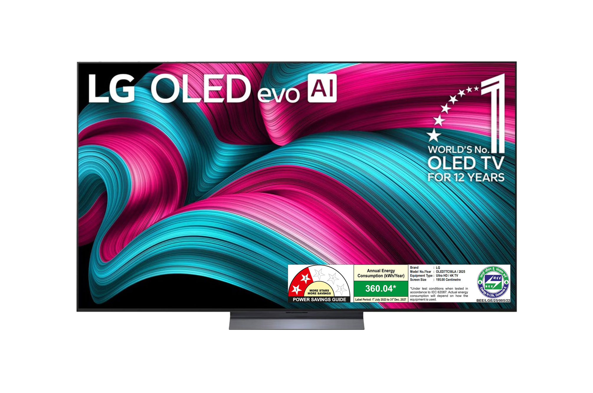 Front view of LG OLED evo 195cm (77) TV (C5), α9 AI Processor 4K Gen8, VRR 144Hz Refresh Rate, Dolby Vision & Atmos OLED77C56LA