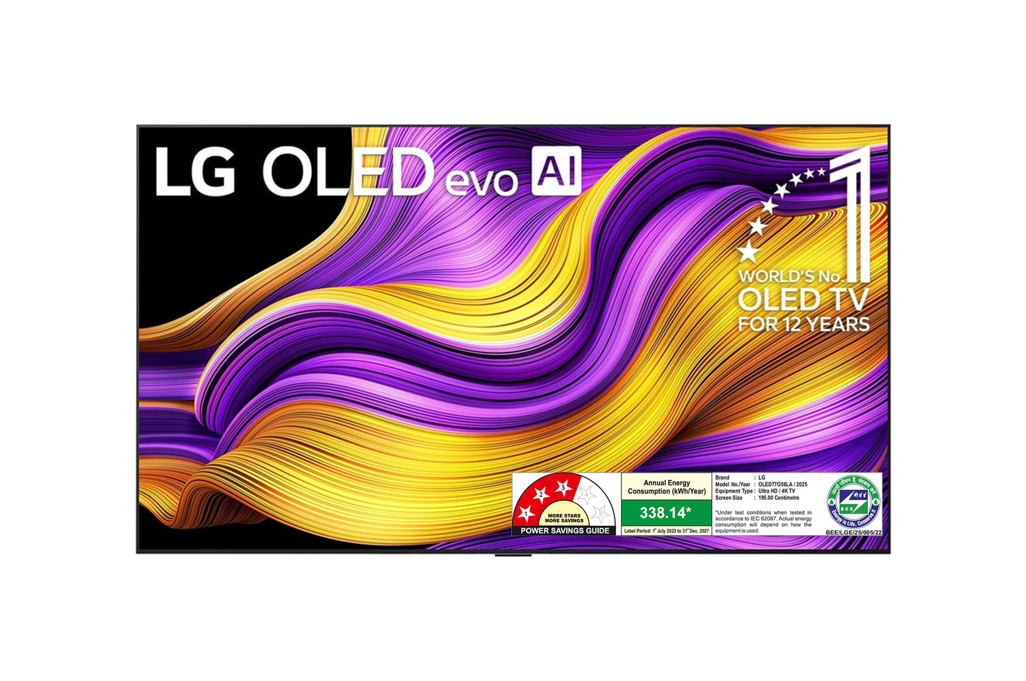 Front view of LG OLED evo AI 195cm (77) TV (G5), a11 Gen2 AI Processor 4K, VRR 165Hz Refresh Rate, Dolby Vision & Atmos OLED77G56LA