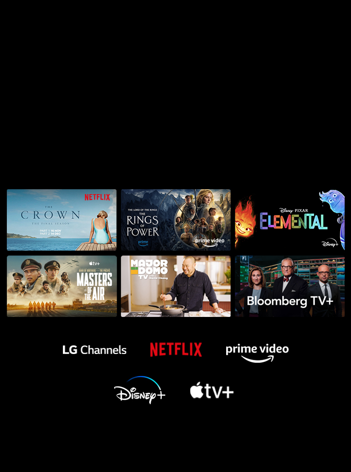 An LG TV mounted on a wall in a living room, displaying a lion and lion cub. A man sits in the foreground with a smartphone in his hand displaying the same image of lions. A graphic of three neon red curved bars is displayed just above the smartphone pointing toward the TV.	