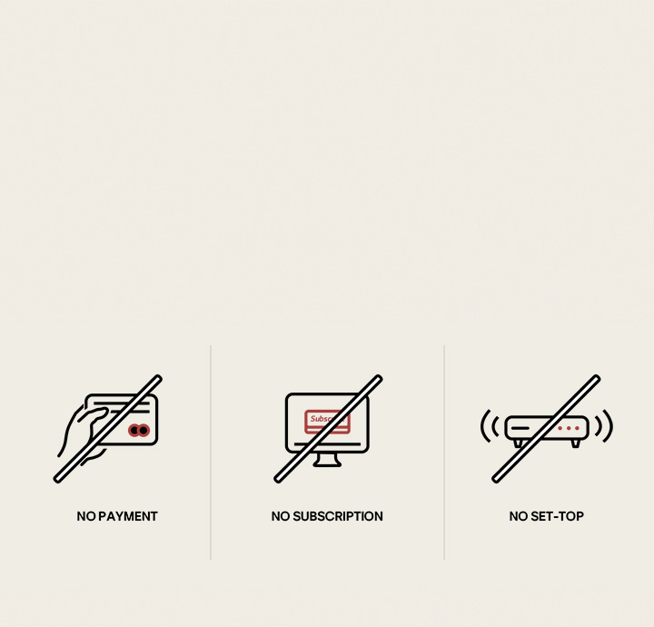 Three different icons that show how LG Channels can just be used without needing to subscribe, pay, or set up any peripheral top box. 	