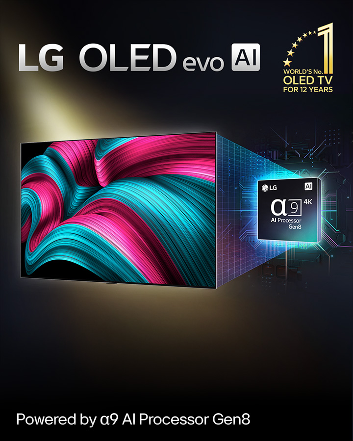On the screen of an LG OLED evo AI TV is an abstract image with impressive detail, color, and contrast. A magnified version of the alpha 9 AI Processor Gen8 is behind the TV. It glows with light illuminating the microchip circuits around it. The title reads LG OLED evo AI. Text is also visible, powered by LG alpha 9 AI Gen8 processor. A gold logo with stars is in the corner that reads, world's number one OLED TV for 12 years. 