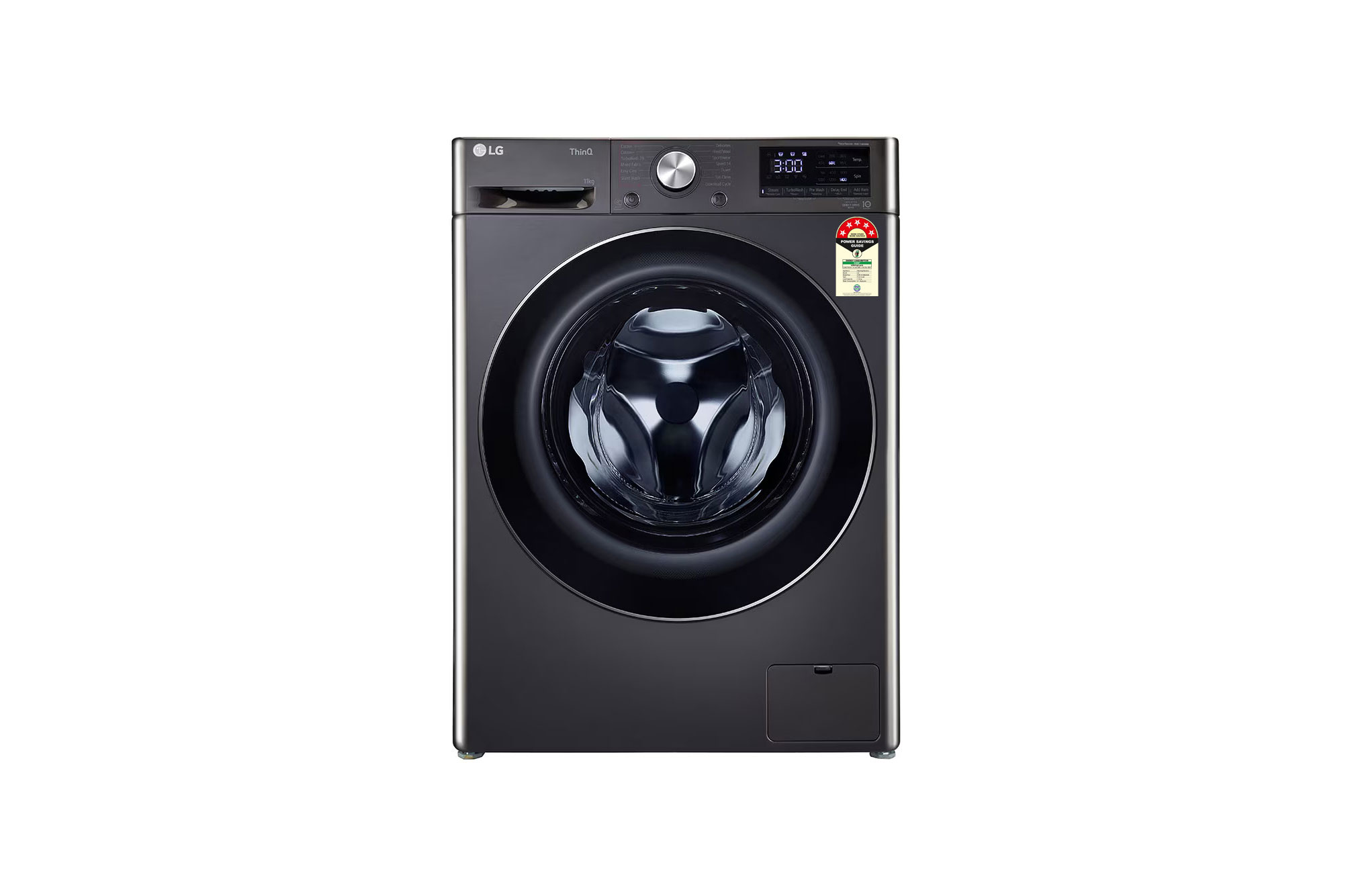 Front view of LG 11 Kg Front Load Washing Machine, AI Direct Drive™, Steam+, Black VCM, 5 Star FHP1411Z9B