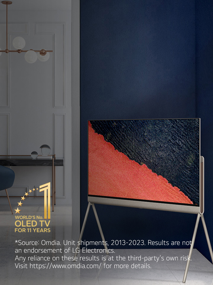 An image of LG OLED evo G3 on the wall of a modern and quirky New York City apartment with a romantic night scene playing on the screen.  11 Year World's No.1 OLED TV emblem. 