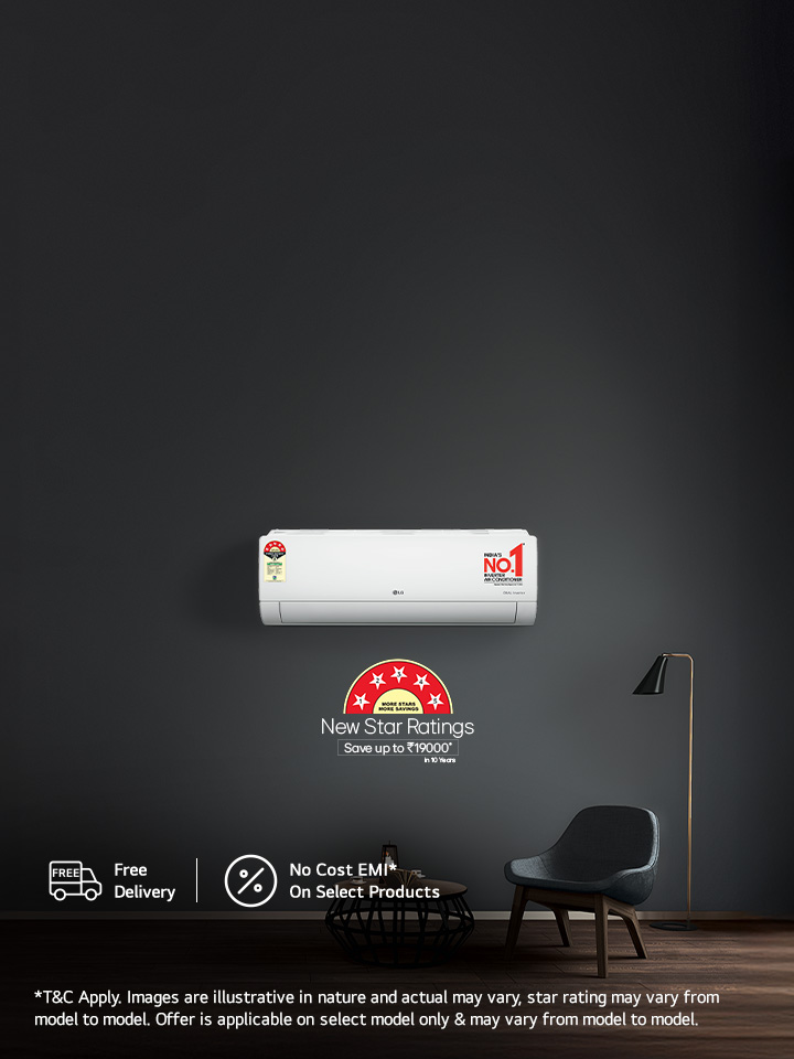 LG Air Conditioner displayed together highlighting the new star ratings for energy efficient and comfortable cooling