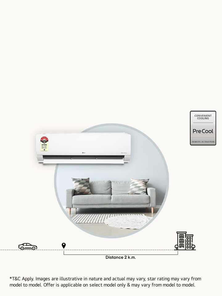 LG AC shown with AI pre-cool feature that allows the room to be cooled remotely before arrival.