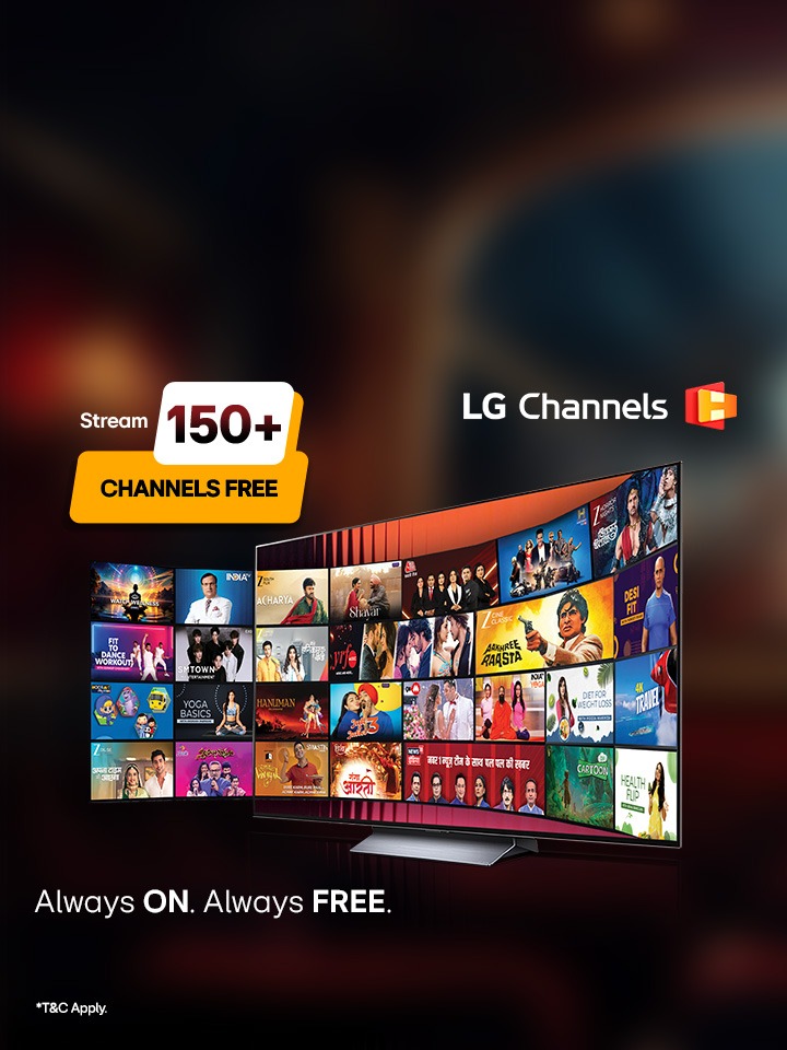 LG Channel banner with stream 100+ free live channels on your LG Smart TV with no need of additional payment, subscription.