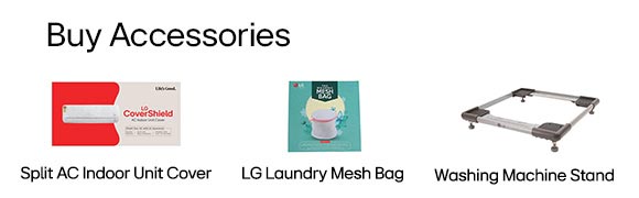 LG Buy Accessories Sale Banner showcasing Split AC Indoor Unit Cover, LG Laundry Mesh Bag, and Washing Machine Stand.
