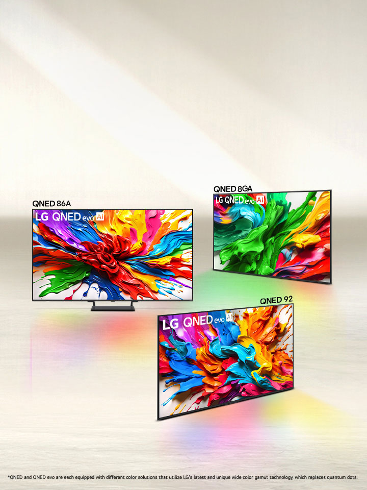 Lineup of four LG QNED evo AI TVs in formation, QNED80, QNED82, QNED85, QNED92 TVs. 	