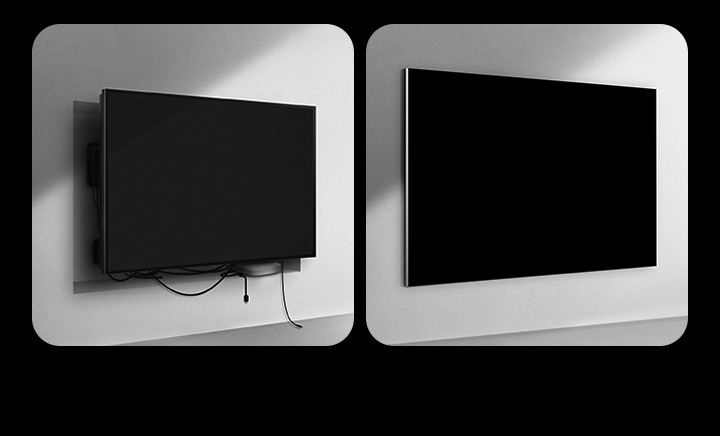 Side-by-side comparison of a wired TV and LG True Wireless TV when it comes to installation. On the wired TV side, extra construction seemed to be needed to try to hide all other devices behind the TV. The messy setup and wires can still be seen through the gaps. Label reads, in-wall installation with extra cost. On the LG True Wireless side, the TV is wall-mounted cleanly to the wall. No wires or devices are visible. Label reads, no hassle, cost-free installation.