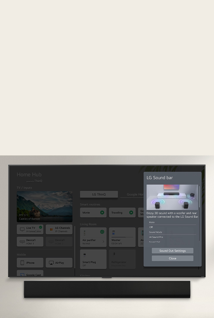 LG Soundbar is below an LG OLED TV. On the TV screen is the UI for the soundbar and TV volume controls. 