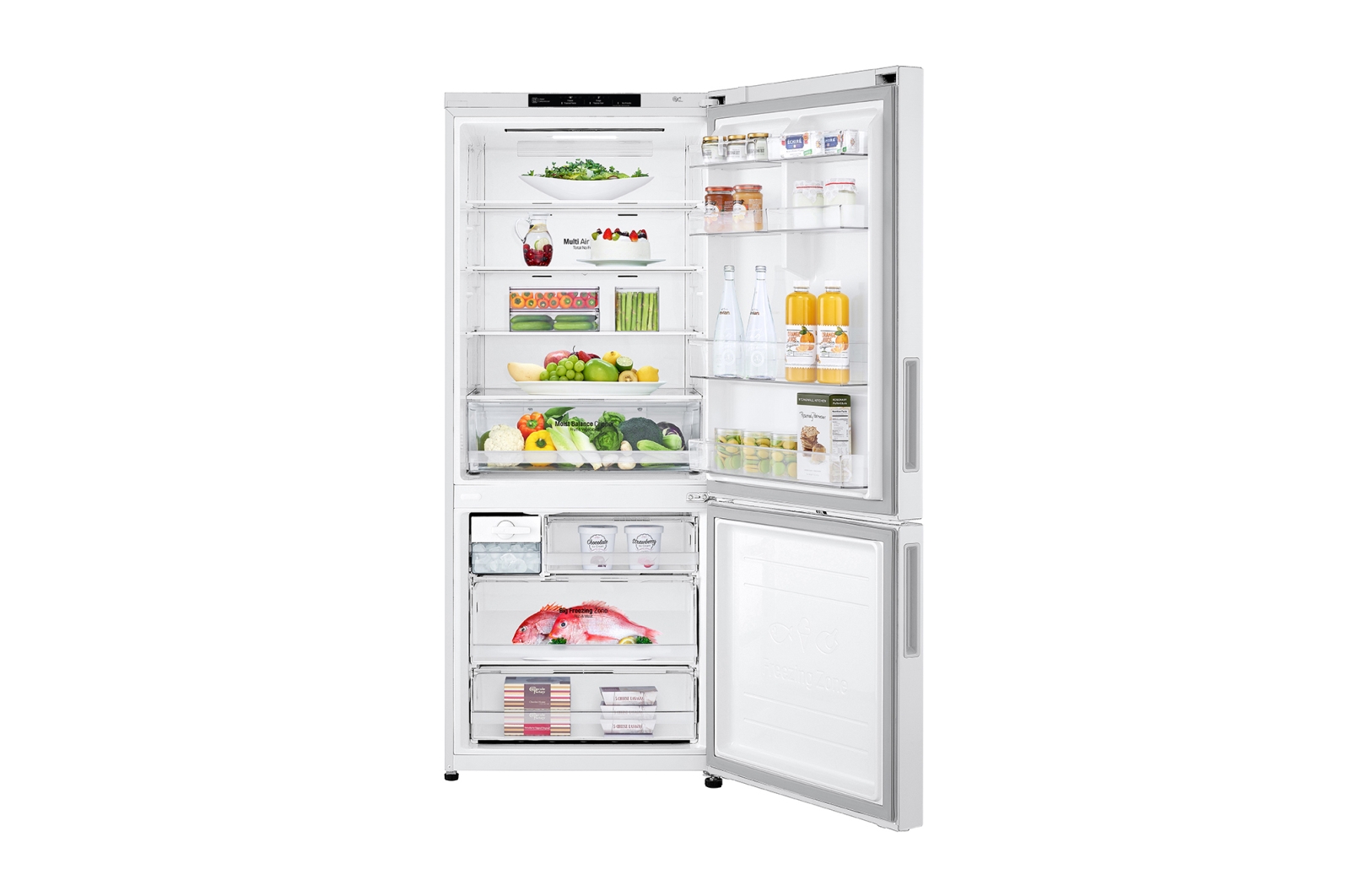 Front open view LG GB-455WL 420L Bottom Mount Fridge - White Finish