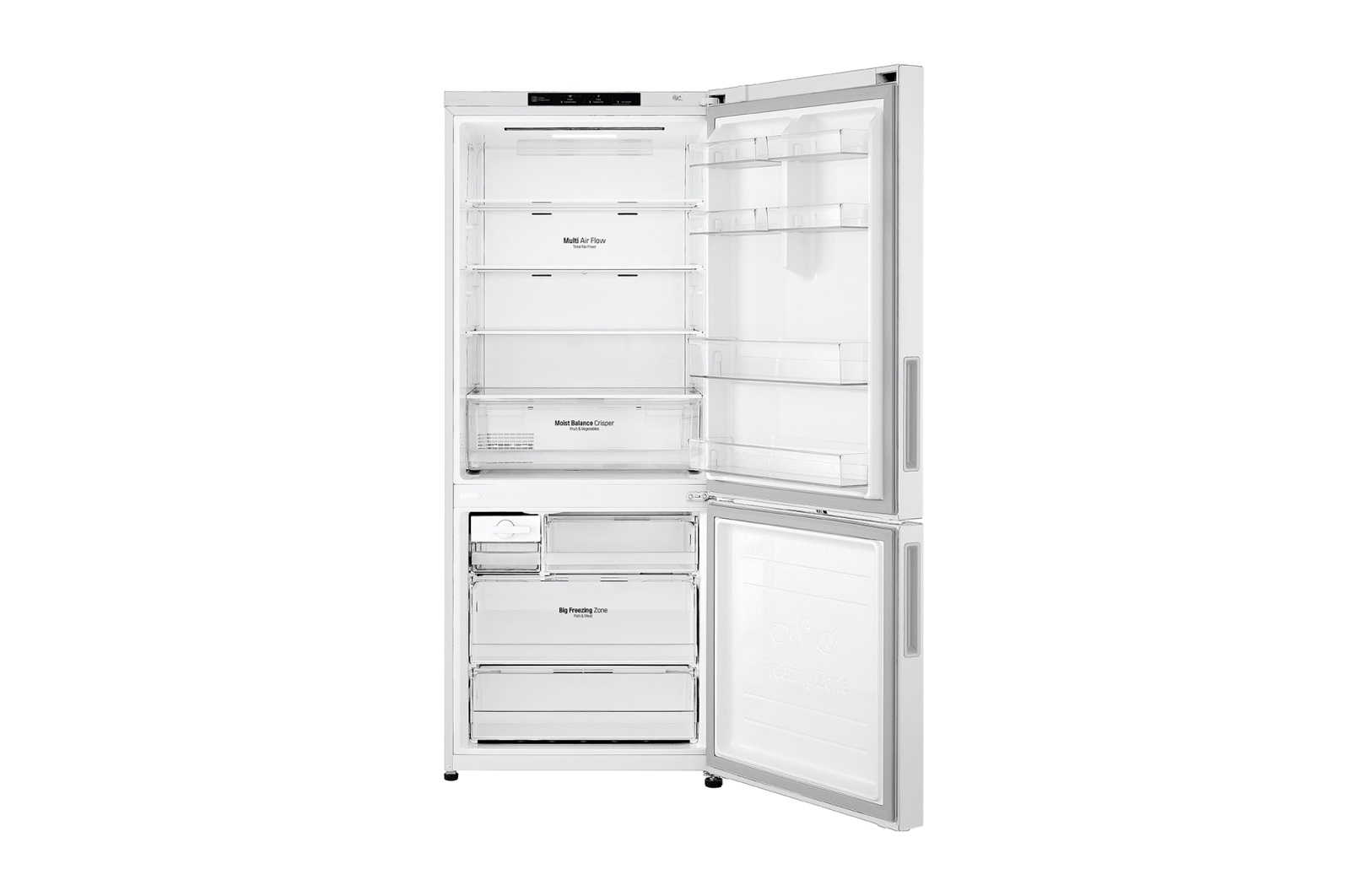 Front open view LG GB-455WL 420L Bottom Mount Fridge - White Finish
