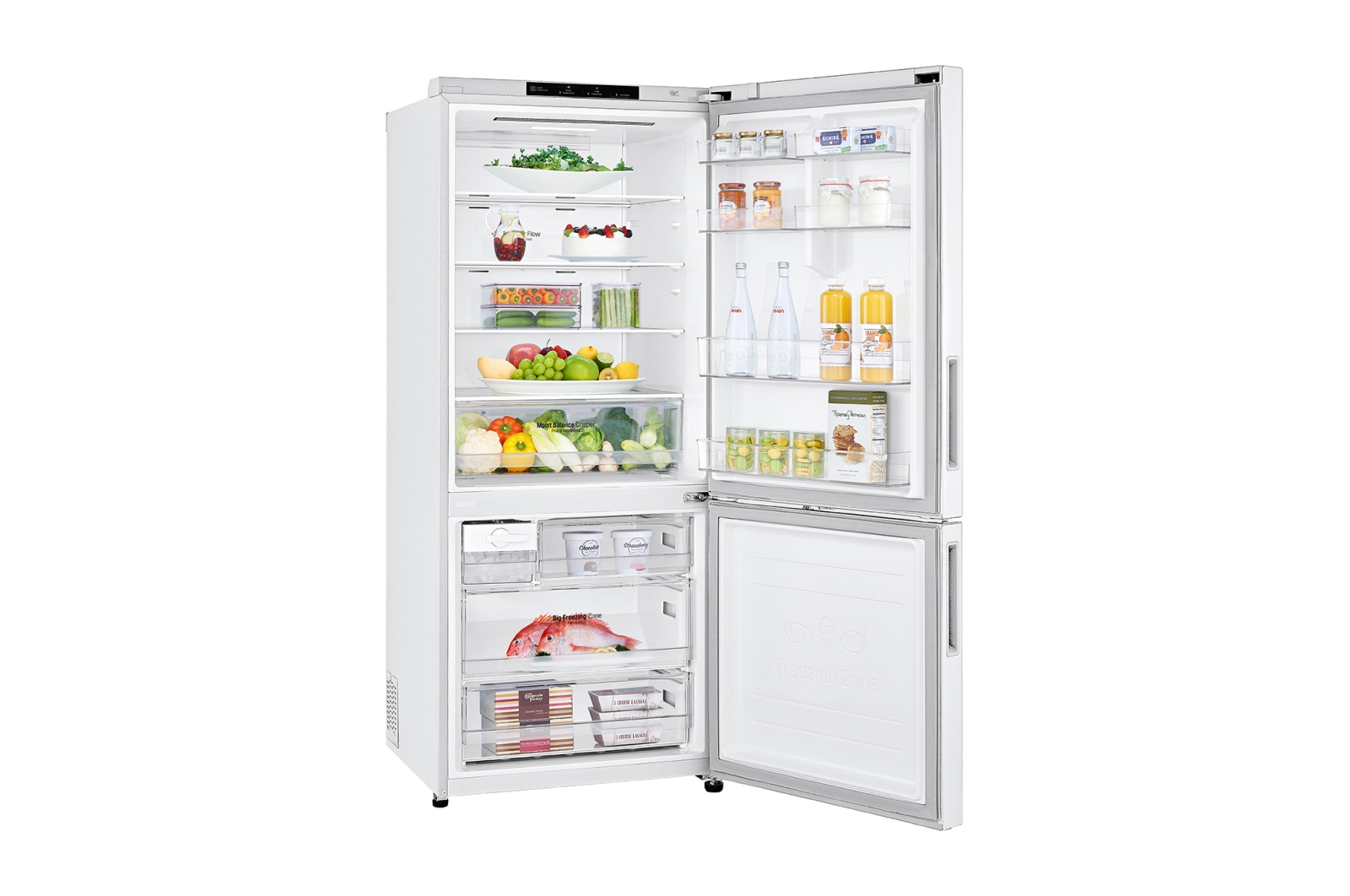Front open view LG GB-455WL 420L Bottom Mount Fridge - White Finish
