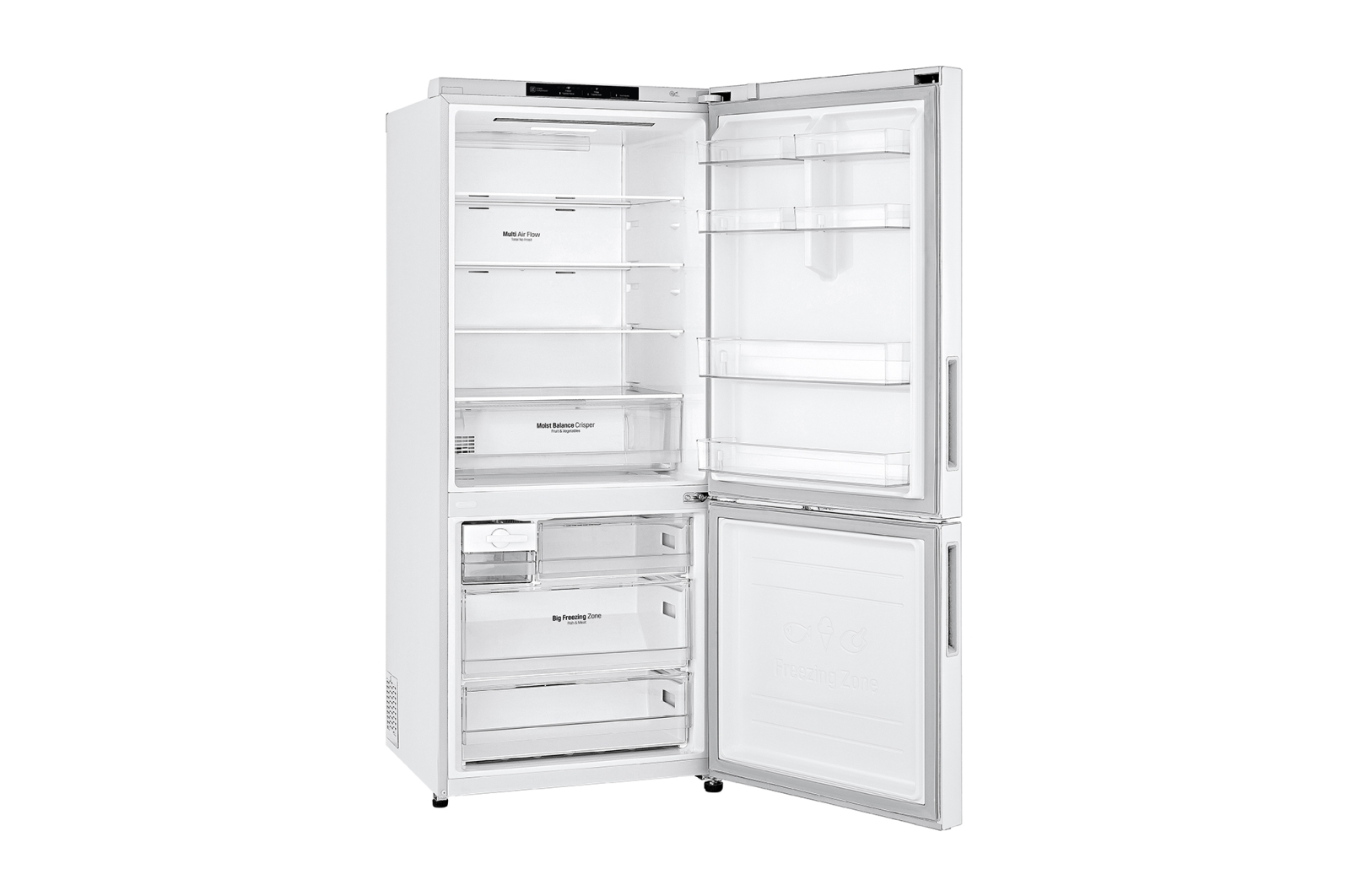 Front open view LG GB-455WL 420L Bottom Mount Fridge - White Finish