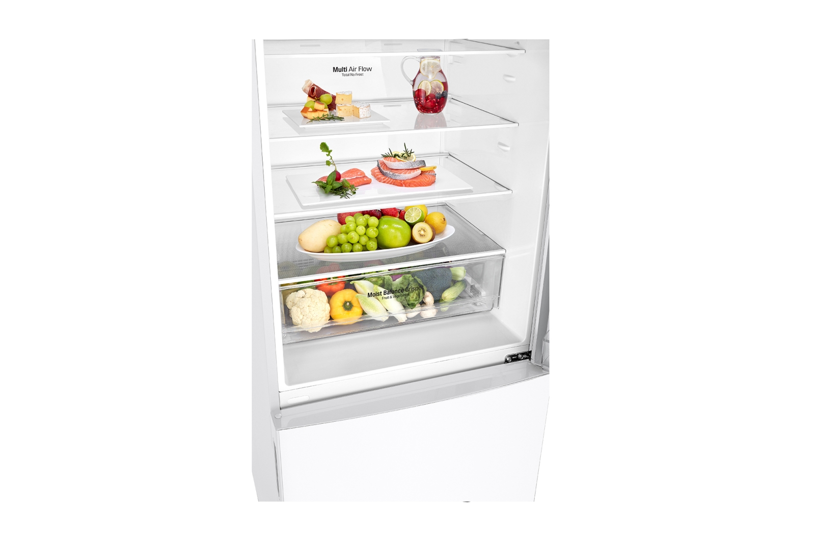 Front open view LG GB-455WL 420L Bottom Mount Fridge - White Finish
