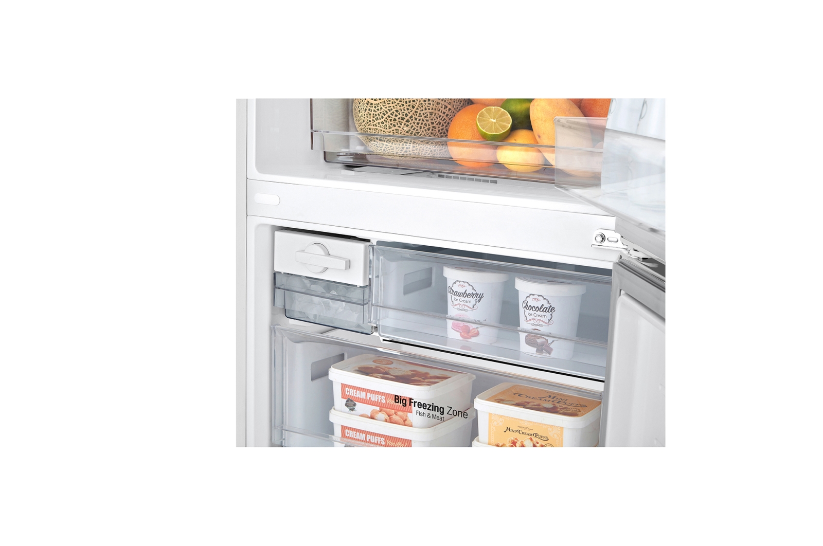 Front open view LG GB-455WL 420L Bottom Mount Fridge - White Finish